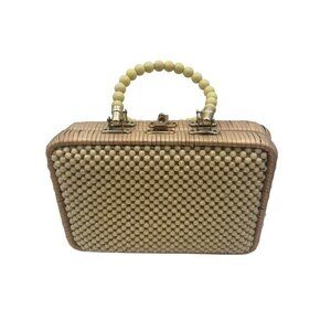 Vintage Wicker & Beaded Handbag With Acrylic Handles